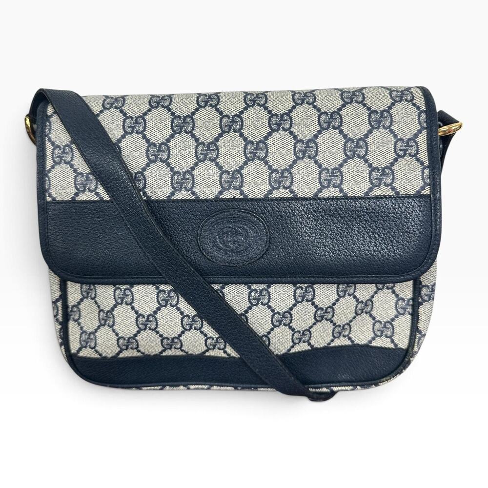 Gucci GG Monogram Vintage Crossbody Bag Medium Beige Blue Canvas Italy